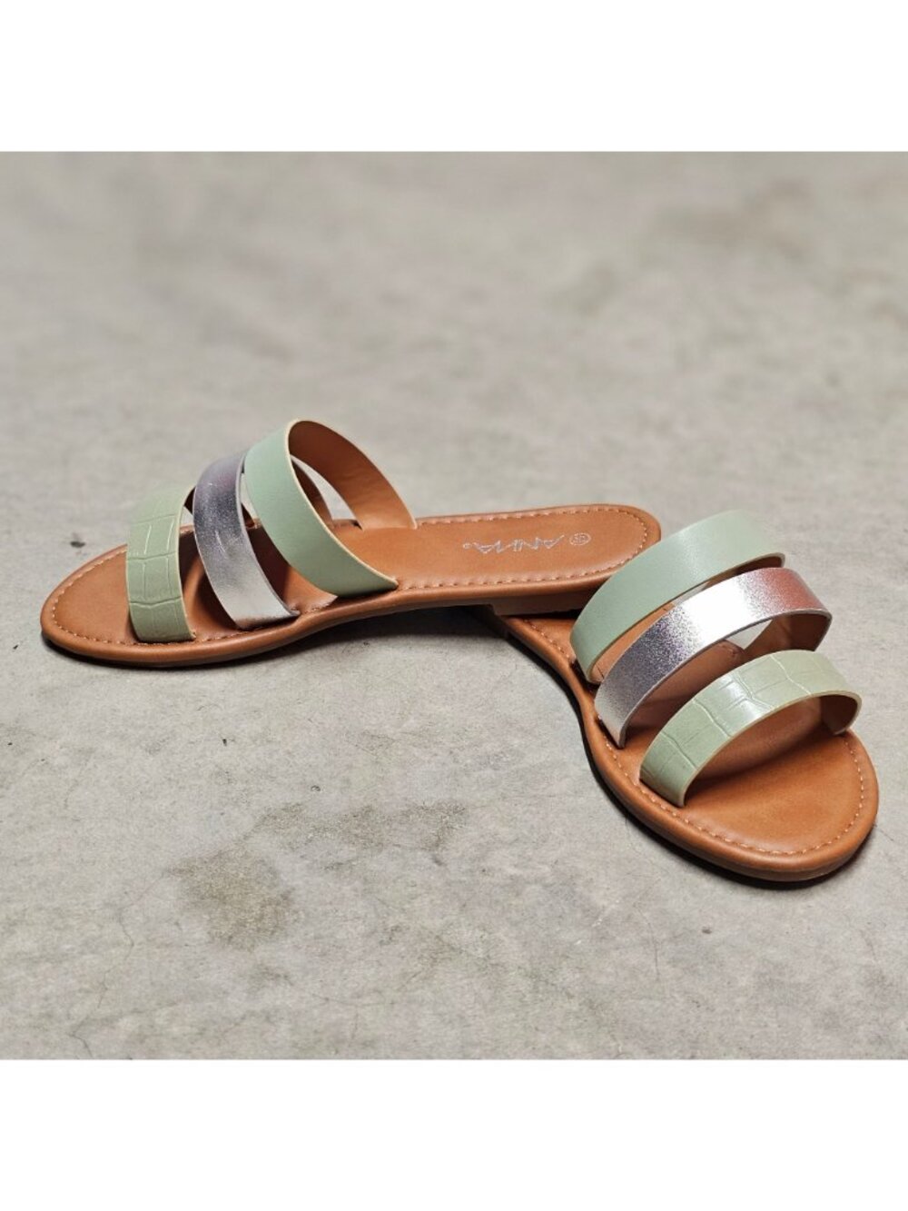 Womens Triple Strap Slide Sandals With Metallic & Green Color - Picture 6 of 9
